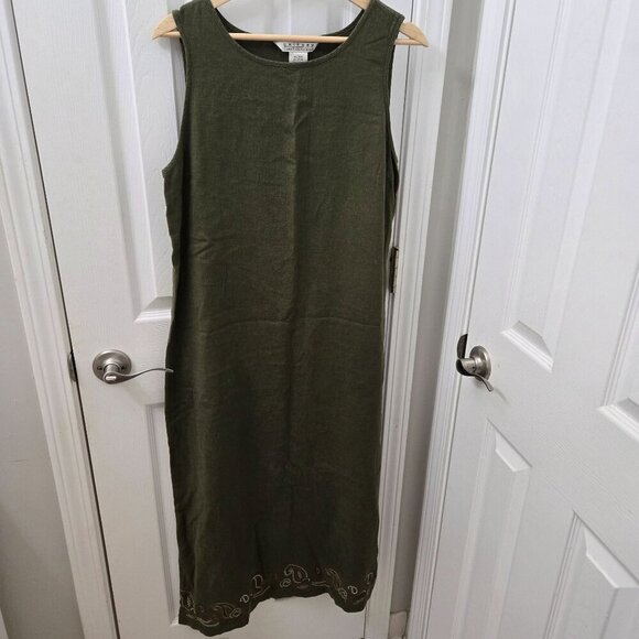 John Paul Richard Olive Green Sleeveless Maxi Dress L Cottagecore Embroidery - Picture 1 of 10
